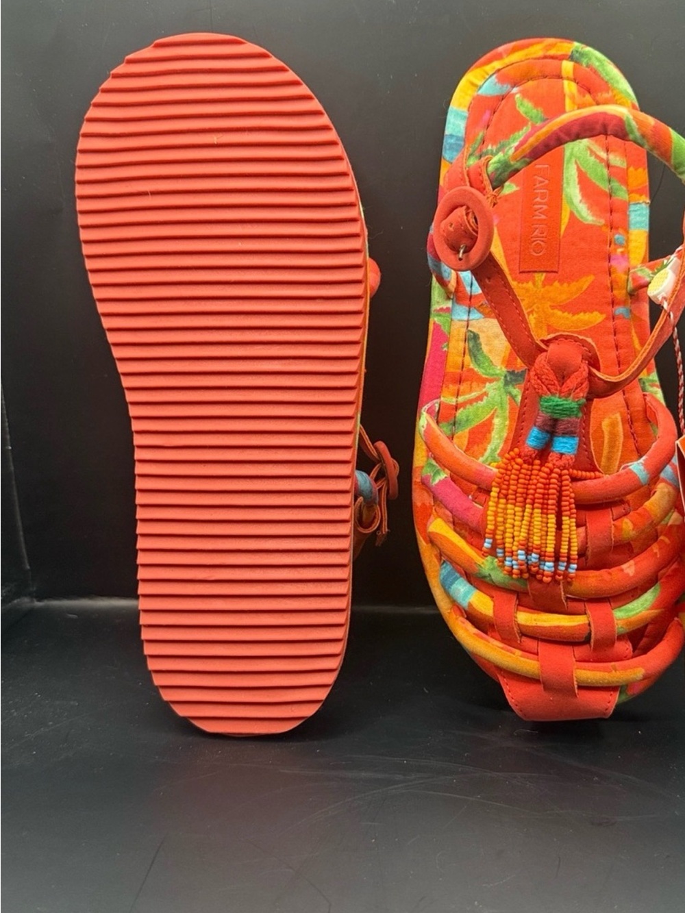 FARM Rio Red Orange Multi Beaded Tassel Woven Sandals 8 - Picture 3 of 3